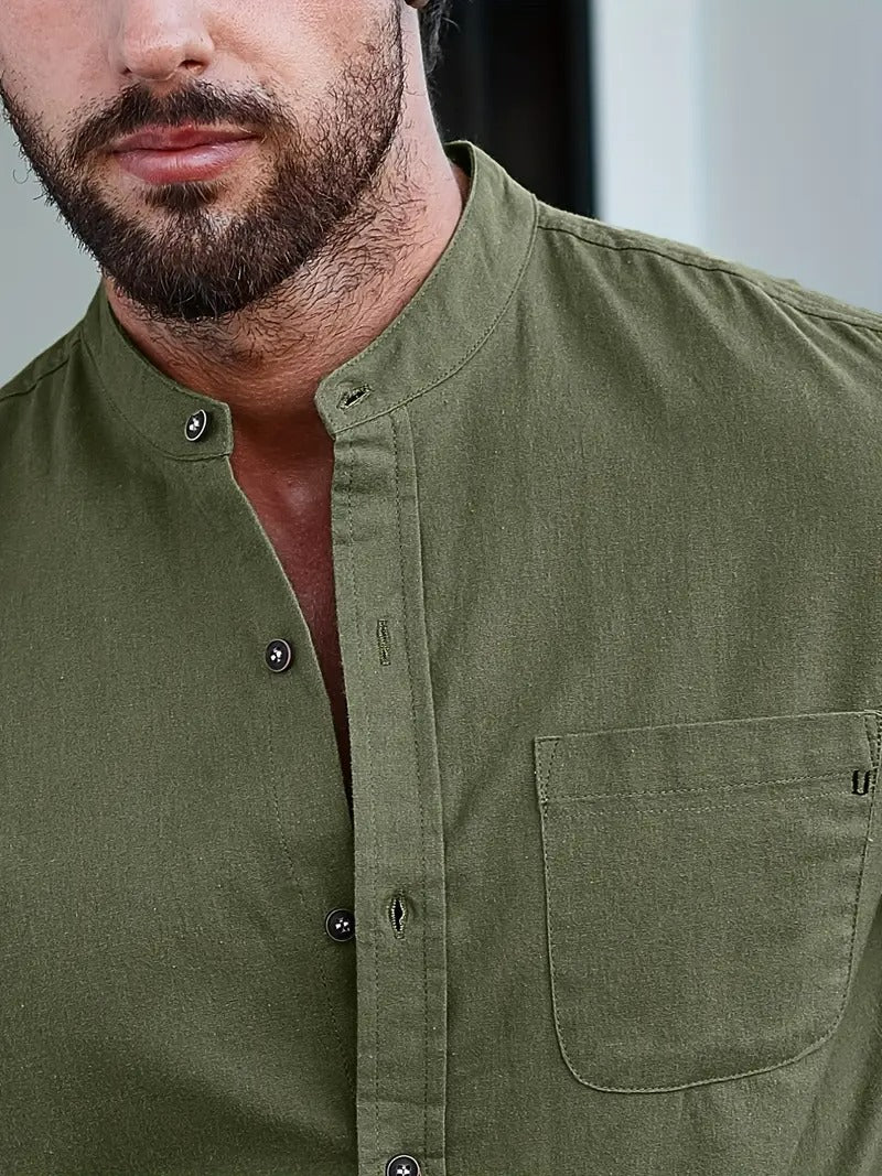 Men’s Long Sleeve Shirt – Mandarin Collar, 100% Cotton, Regular Fit